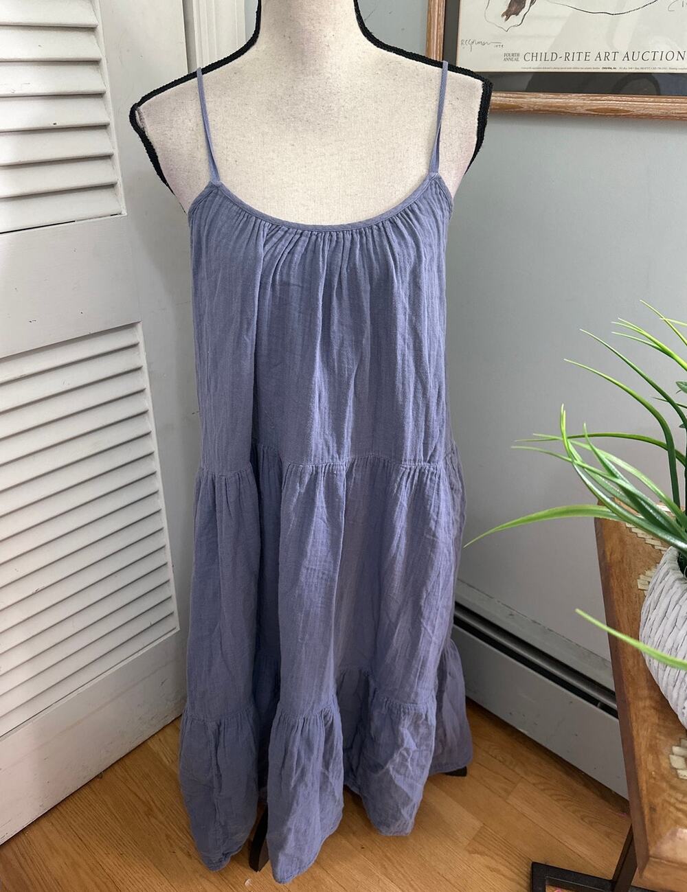 Xirena Dress Womens XS Blue Tiered Strappy Midi Gauzy Cotton Minimalist Boho